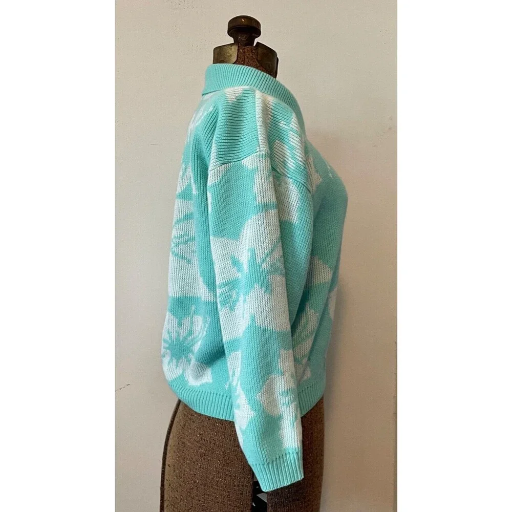 Vintage 90s Kate Collins Aqua Floral Pullover Sweater Tropical Pastel Sz Med